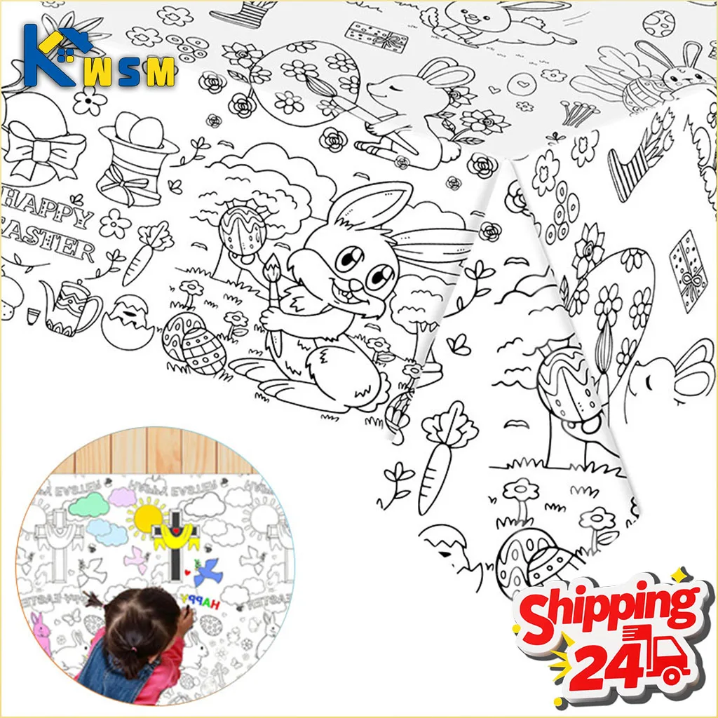 Bunny Easter Childrens Doodle Tablecloth Disposable DIY Paper Table Cover Eco Friendly Party Table Protector Kids Craft Activity