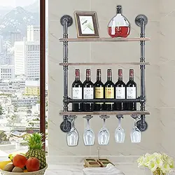 Industrial Pipe Shelf Wine Rack Wall Mounted with Stem Glass Holder 3-Tiers Rustic Floating Bar Shelves Wine Shelf Bar Cabinet