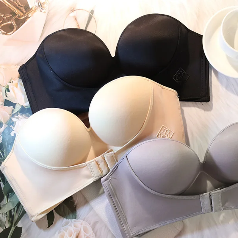 Women Sexy Strapless Push Up Bra Front Closure Bralette Invisible Bras Underwear Lingerie 1/2 Cup Seamless Brassiere ABC Cup