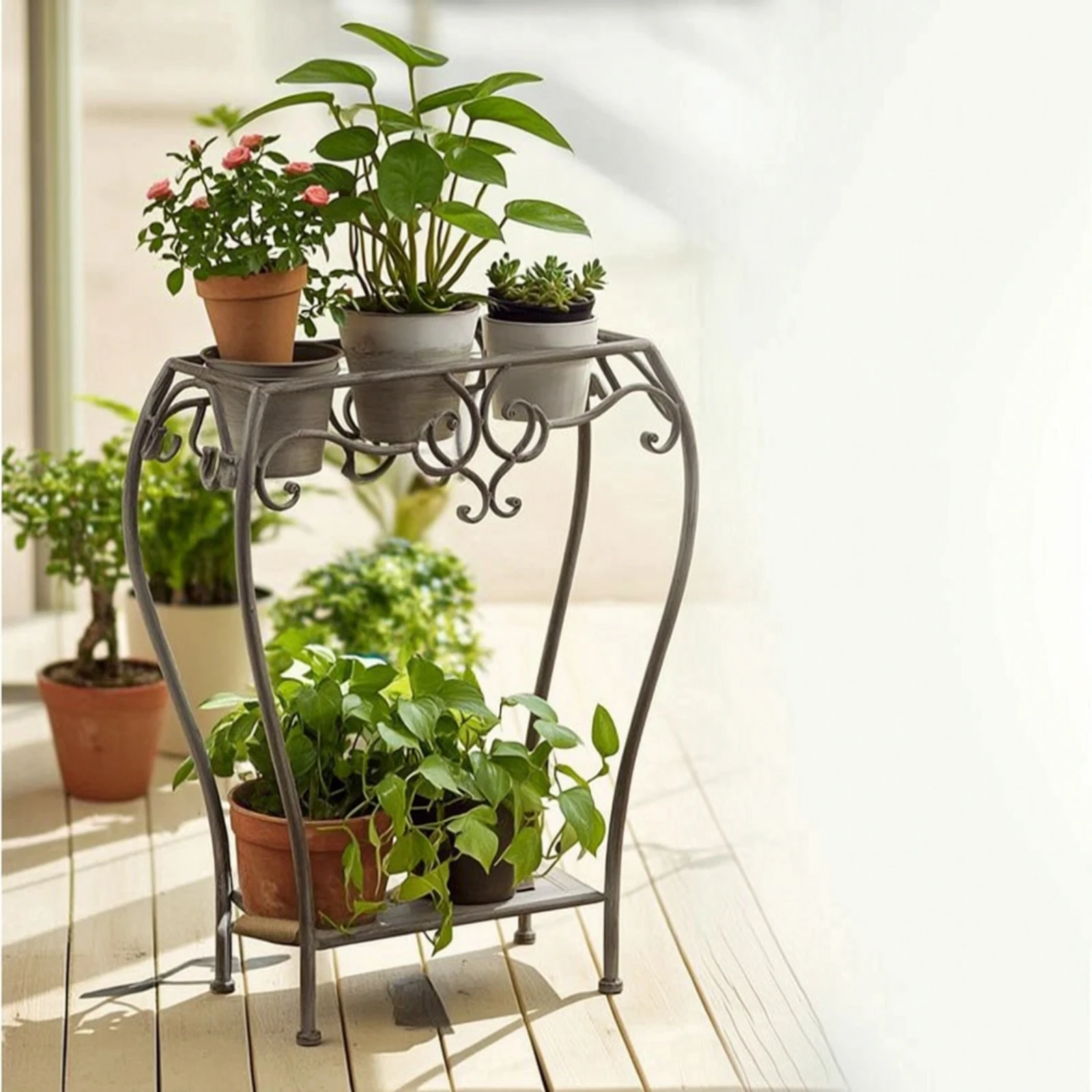 Metal Plant Stand Compact 3-Tier Plant Stand Metal Planter Holder Indoor Outdoor Flower Display Rack Space-Saving for Gardeners