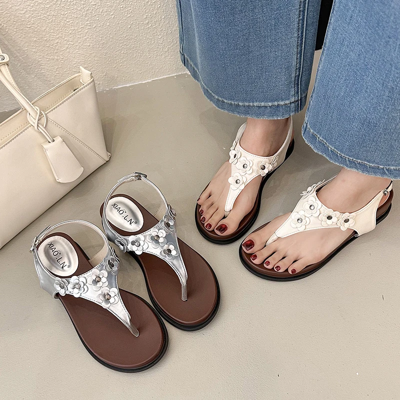 

Women Rhinestone Flower Thong Sandals Summer Flat Ankle Strap Flip Flops Open Toe Non Slip Casual Beach Footwear for Ladies