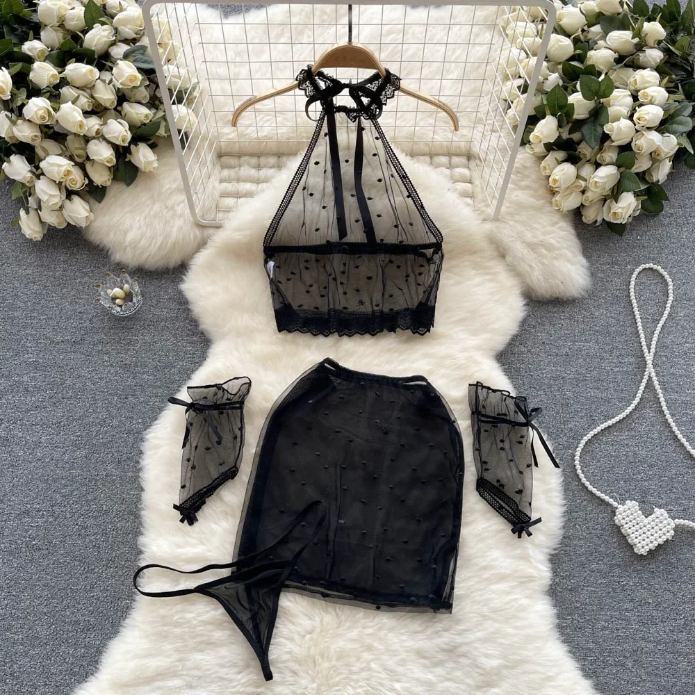 

Сетчатые чувственные порно ночные костюмы в горошек, женское кружевное нижнее белье с лямкой на шее, мини-майки + мини-юбка + стринги, прозрачная сексуальная ночная рубашка