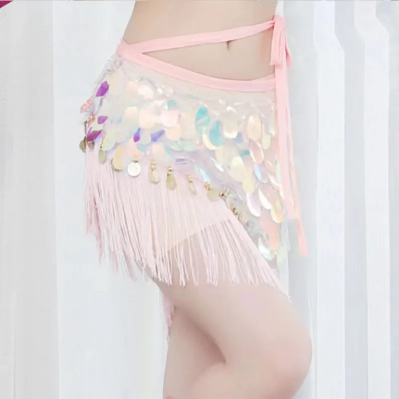 Women Sequins Tassel Coin Belly Dance Lesson Wear Hip Scarf Bellydance Practice Waist Skirts Chain Wrap Belt Towel Clothes Dance