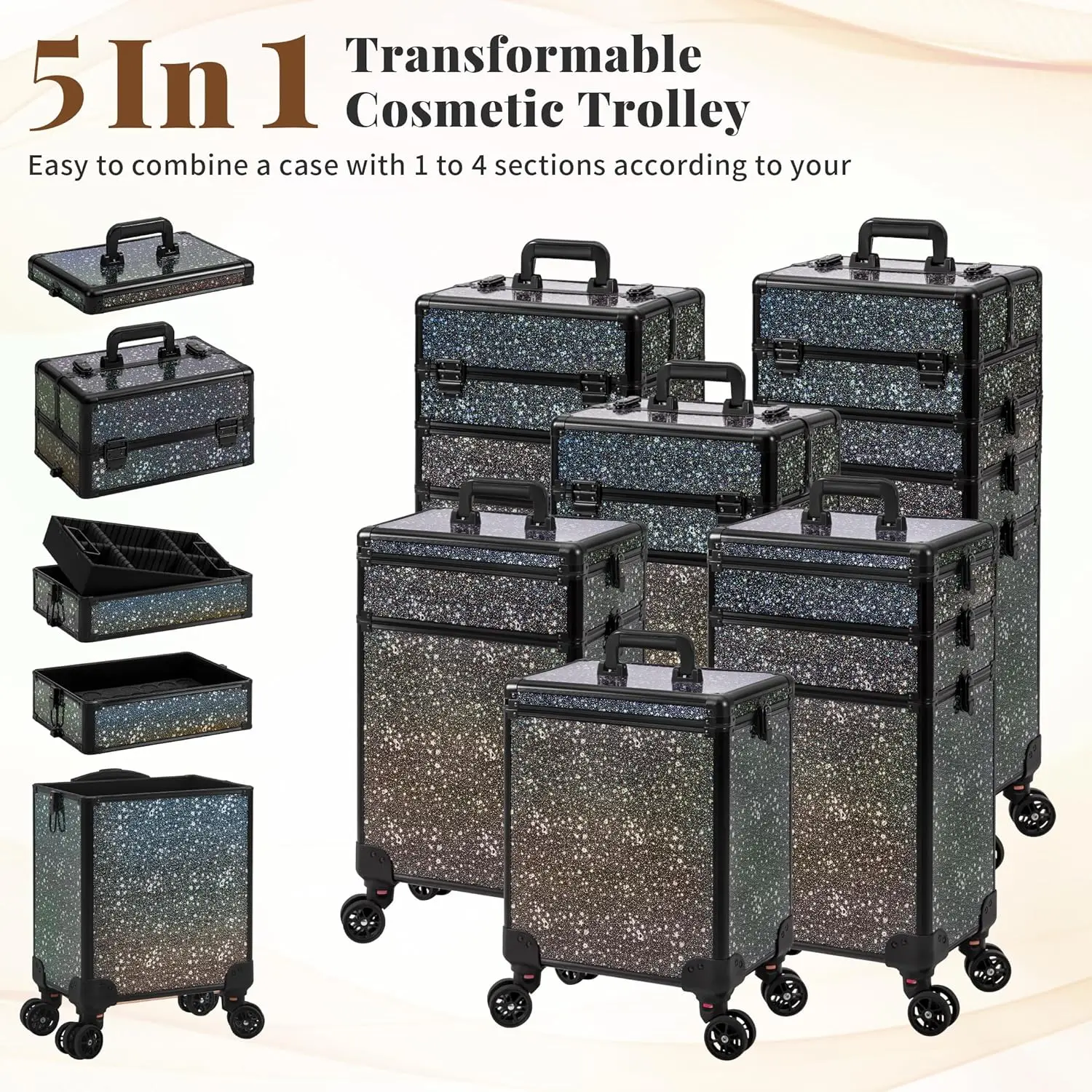 Rolling Makeup Train Case 5in1 Cosmetology Case on Wheels Large Cosmetic Organizer Travel Cart for Hairstylist Artist Nail Salon