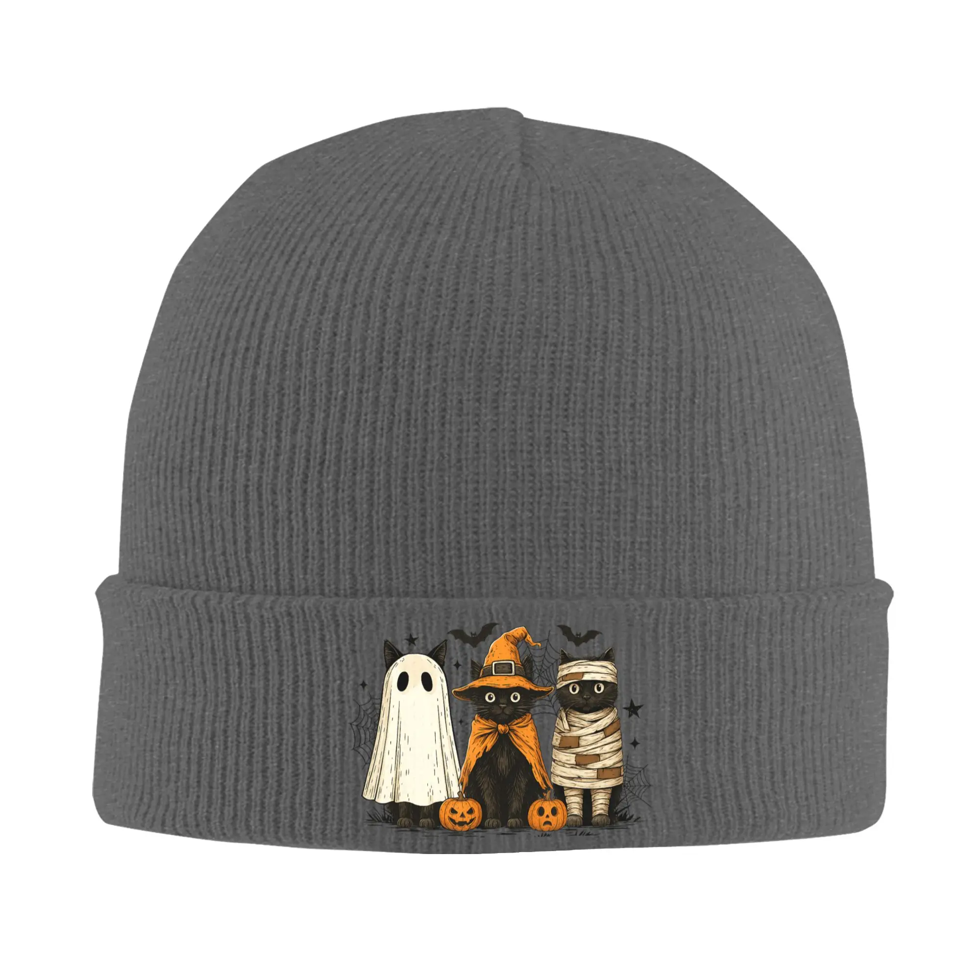 Retro Black Cat Witch Scary Halloween Pumpkin Hat Autumn Winter Skullies Beanies New  Cap Unisex Acrylic Bonnet