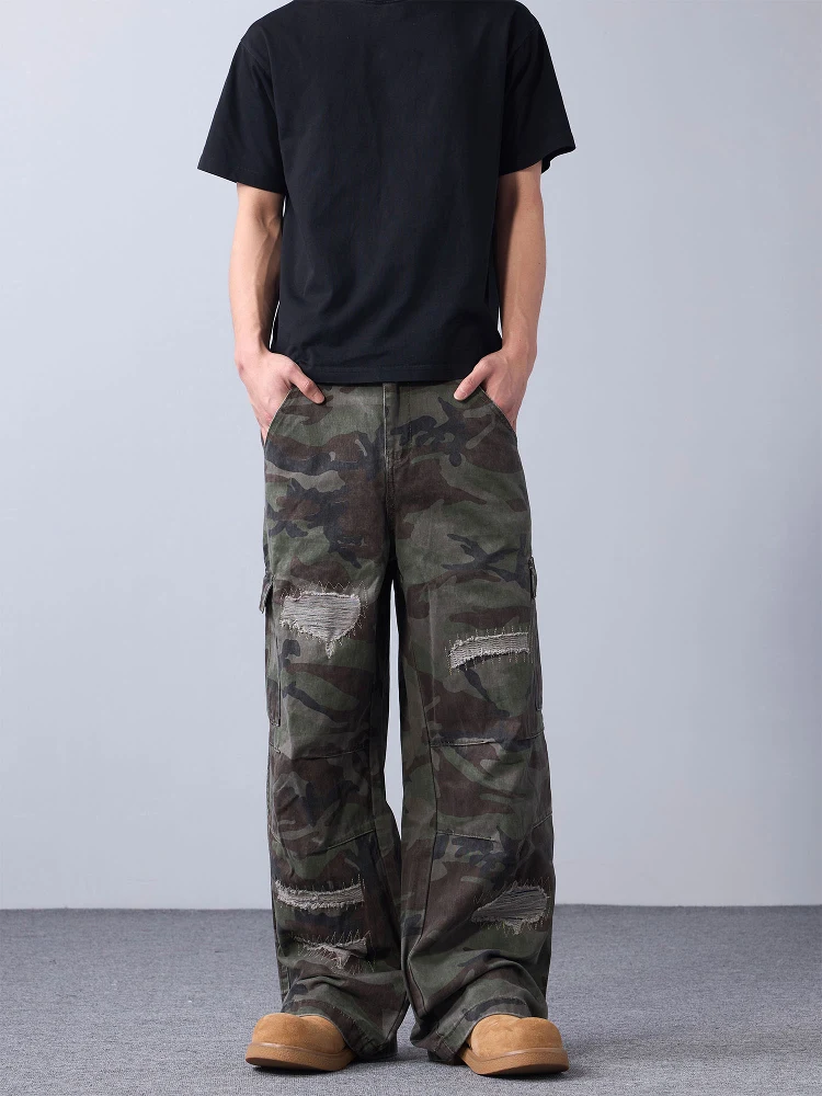 الرجعية الأمريكية التمويه هول تصميم جينز غير رسمي الرجال النساء شارع العليا Sle القطن العمل بنطلون مستقيم فضفاض صالح الجينز