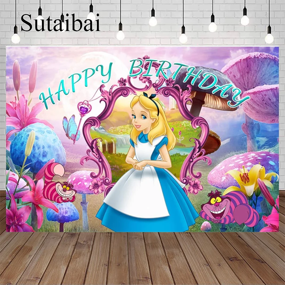 

Fantasy Backdrop for Alice In Wonderland Theme Birthday Party Alice Baby Shower Banner for Birthday Party Cake Table Decoration