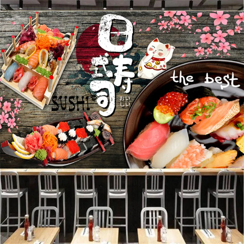 Wooden Board Wallpapers Industrial Decor Japanese Sushi Picture 3D Wallpaper Cuisine Restaurant Background Wall Papers Mural