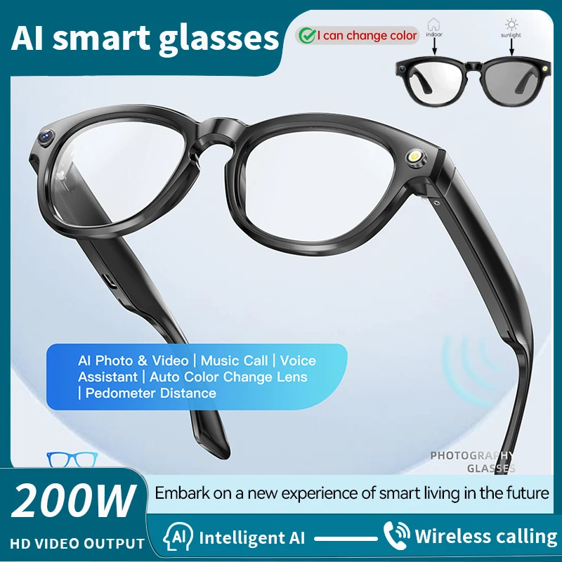 

LIGE New Auto-color Lenses Smart Glasses 200W HD Camera Video 260mAh Battery Call Sunglasses AI Translation Music Smart Glasses