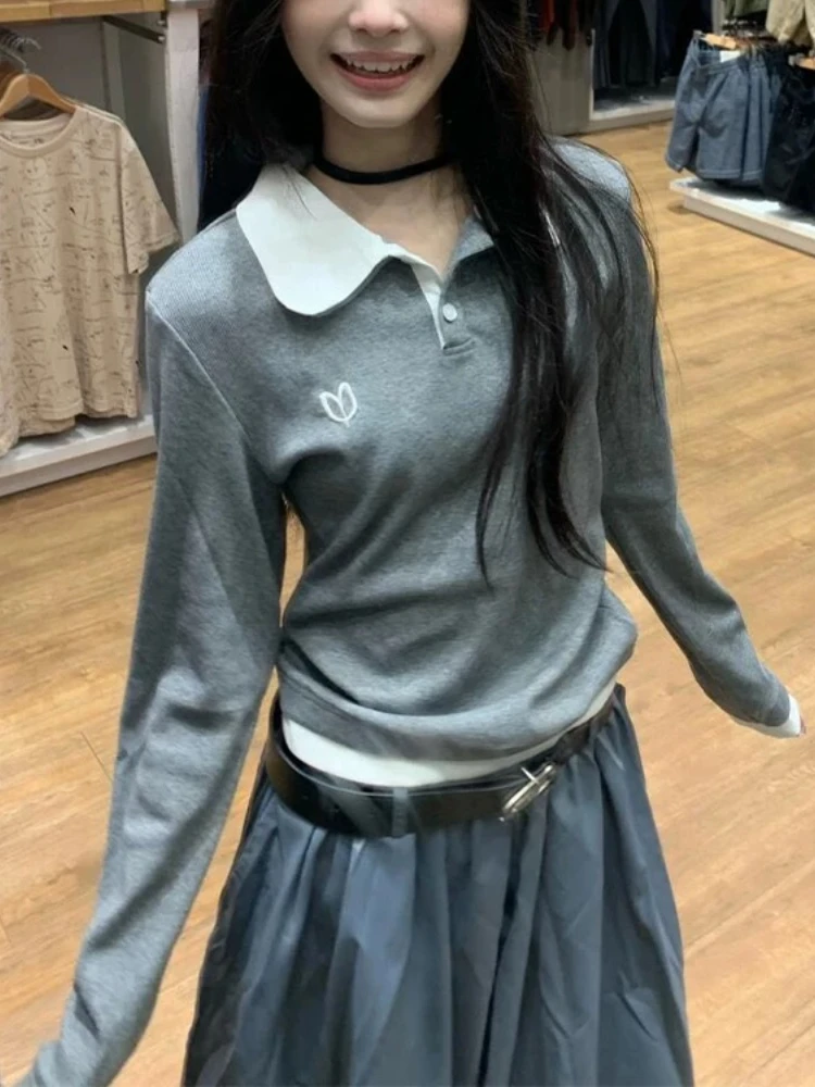 

Spring Autumn Design Sense Fake Two Piece Tops Stitched Long Sleeved Female College Style Retro Skinny Polo Neck Base Shirt 2025