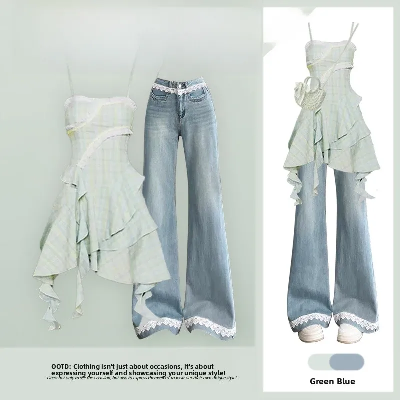 

Summer Korean Sle Women's Set een Dopne Design Sweet Lace Splicing Jeans Two-Piece Suit ort Sve Long Pants