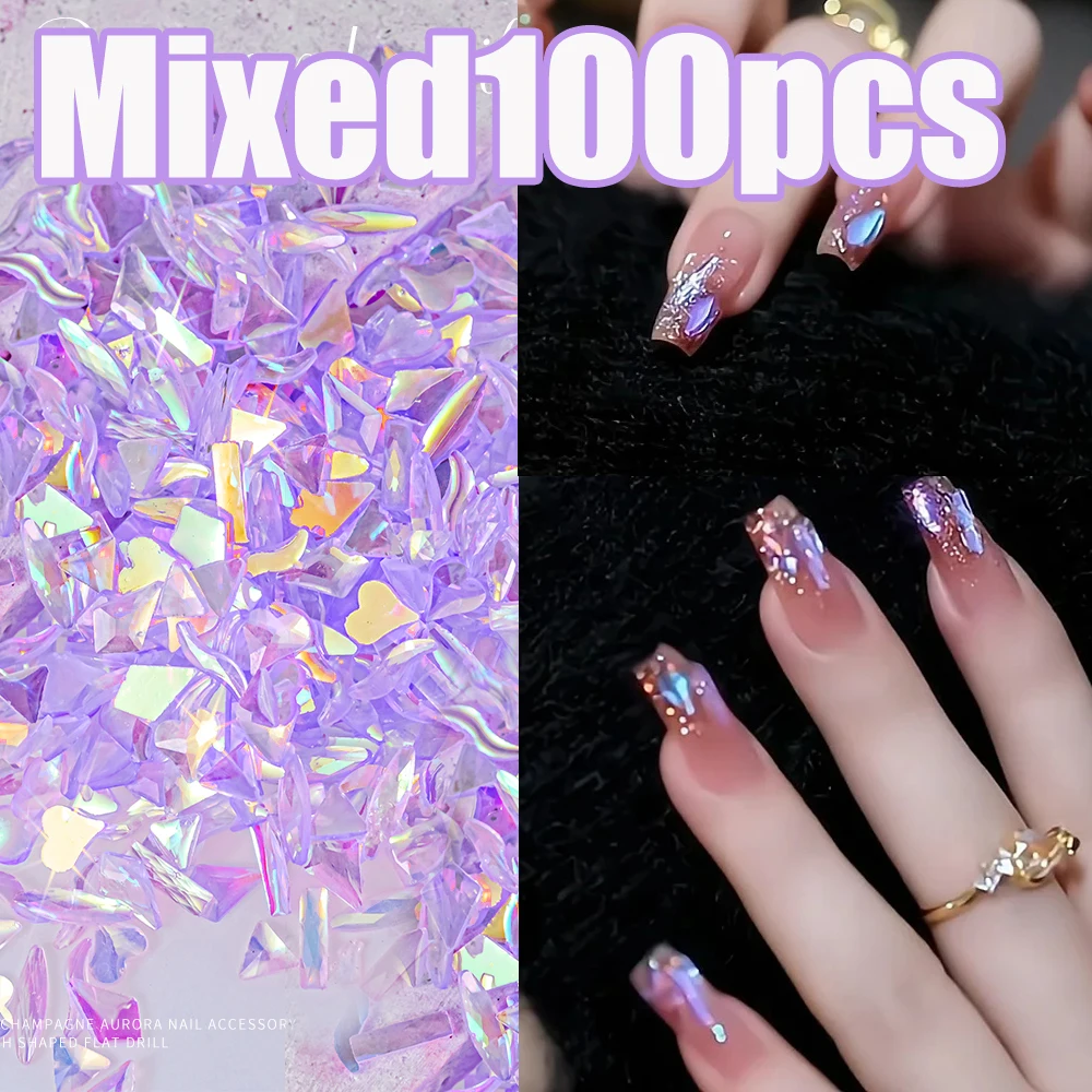 100pcs 3D Mixed Valentine's Day Purple Nail Crystal 6/8/10mm Acrylic Resin Purple Diamond DIY Ice-Transparent Purple Rhinestone
