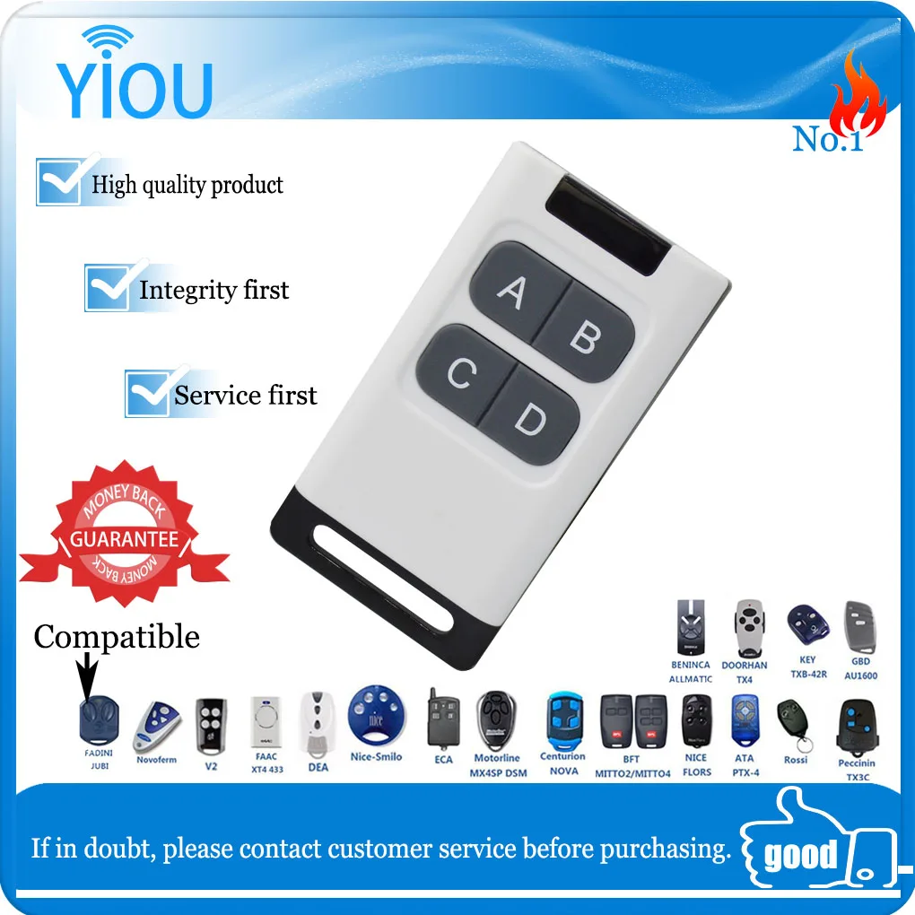 YIOU 433MHz совместимый универсальный RF DOORHAN rolling code roll gate remote controlMITTO2 MITTO4 (старая версия). Бенинка на WV. Дорхан TX4. - флорс. V2. - 2. - новоферм. XT4 433RCKEY TXB-42R. ATA PTX4. GBD AU1600.