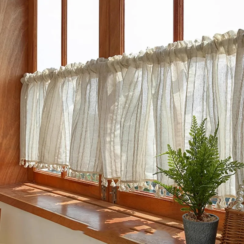 Japanese Simple Wooden Striped Embroidered Sheer Tulle Bottom Beige Tassel Short Curtain For Kitchen Bedroom Bay Window Drapes