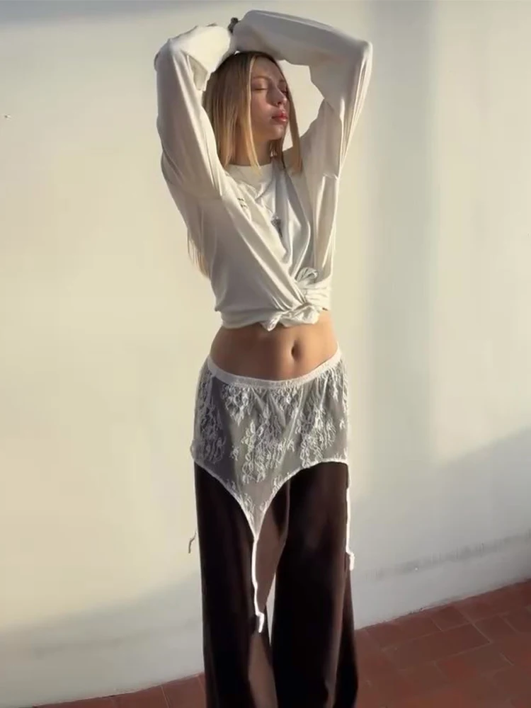 Hochgeschnittener Rock mit Spitzenbesatz und Po-Flap für Damen, Sexy Rockverlängerung, Transparenter Blumenmuster-Overlay-Rock mit Taillenbund, Damen-Partykleidung – Detail 34