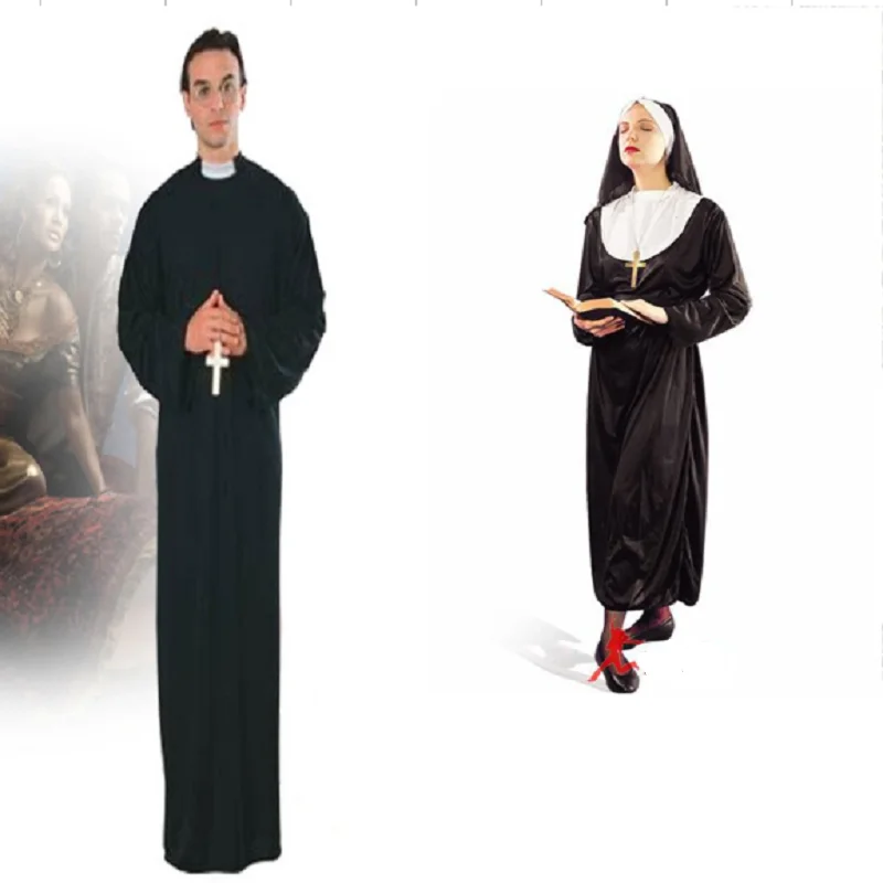 

Black Classic Priest Costumes With Cross Necklace Adult Jesus Virgin Mary Pastor Nun Cosplay Party Performace Halloween Clothes