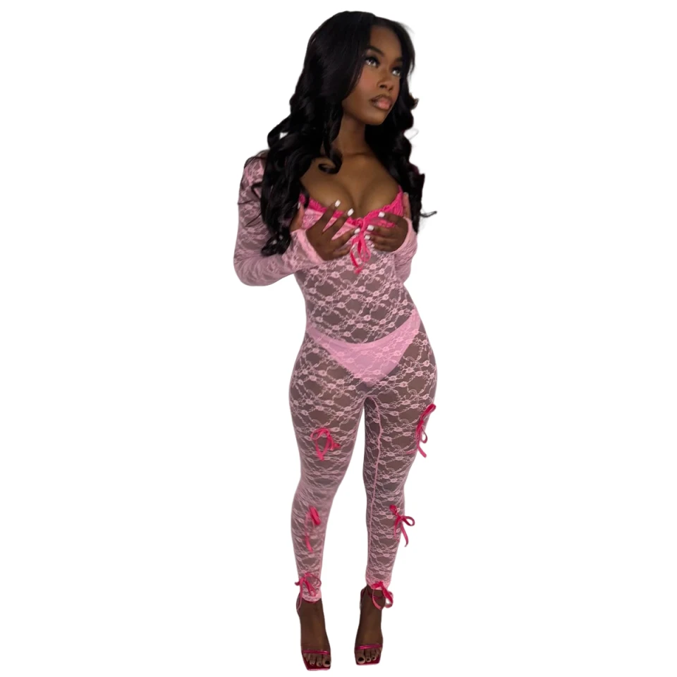 

MUZISKAT Lace Bow Jumpsuit Women's Sexy Transparent Long Sleeved U-neck Slim Fit Workwear Casual Nightclub Club 3-piece set