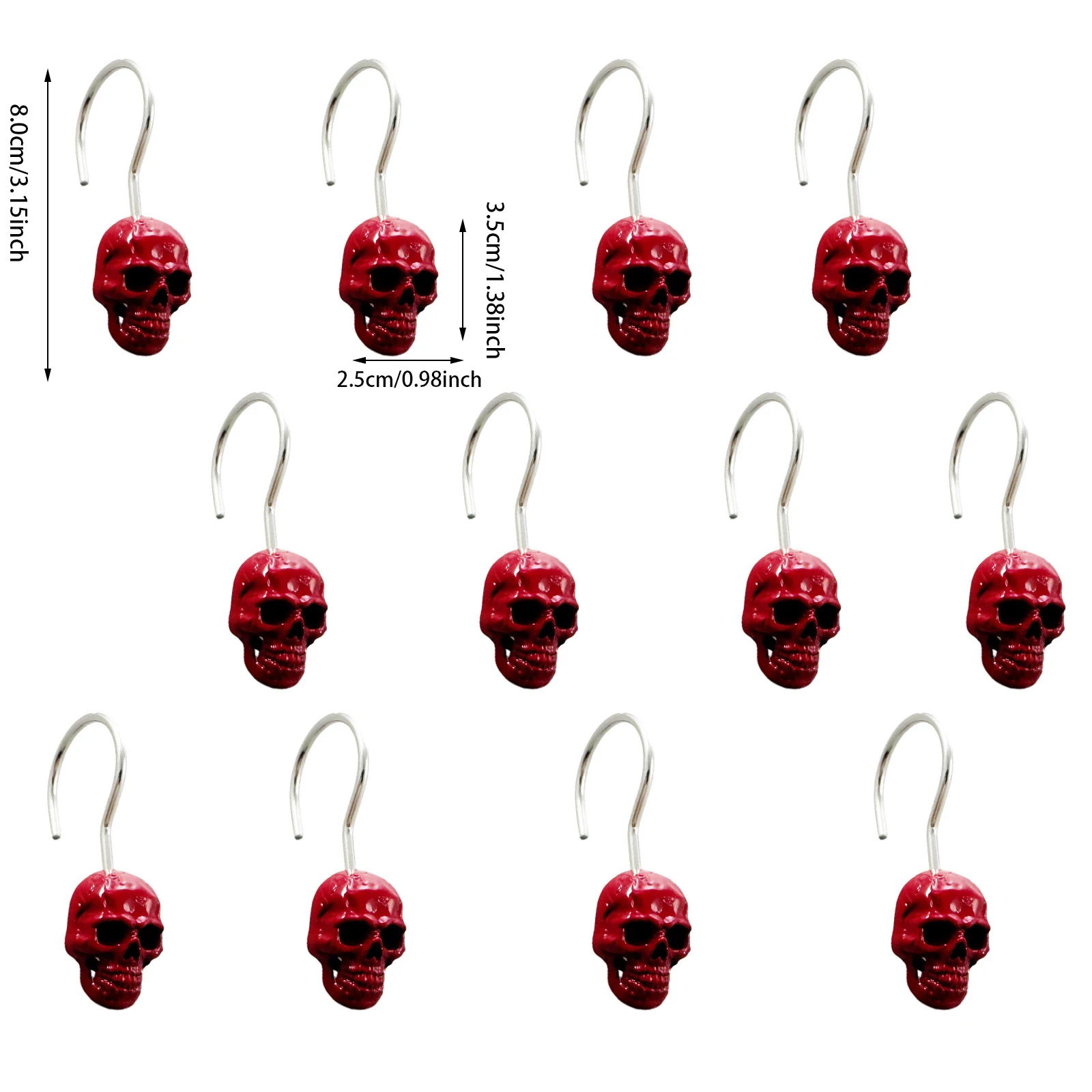 12Pcs Red Skull Shower Curtain Hooks, Gothic Bathroom Decor Accessories, Metal Curtain Rings for Bath, Kitchen & Home view 3