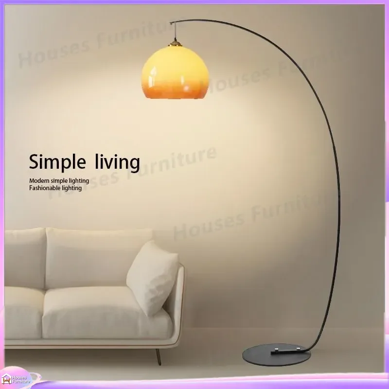 For Light Luxury Sunset Yellow Glass Fishing Floor Lamp Modern Living Room Bedroom Hotel Decor Standing Light Eye Protection