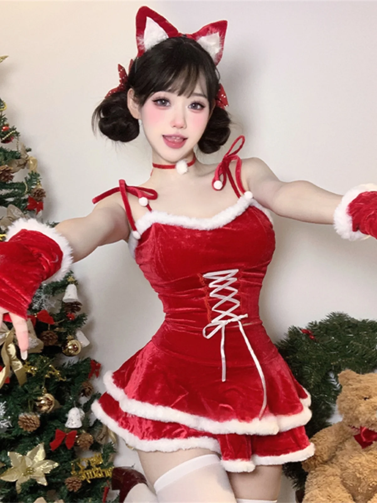 Meow: Red Little Fox Christmas Theme Uniform Night Show Performance Dress Sexy Pure Cat Girl Cos Dress Women