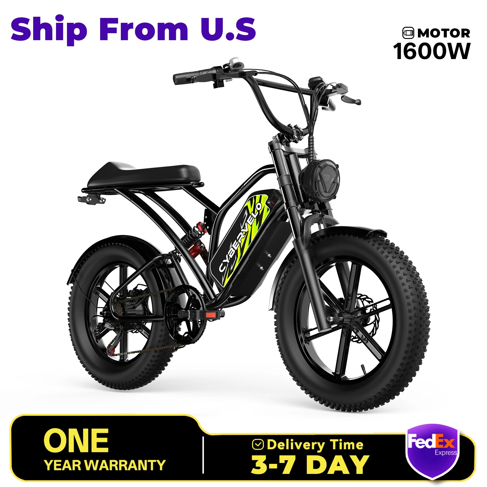 

Cybervelo EK11 1600W Peak Fat tire dirt off road electric bicycle , 48V Detachable battery, 7 speed shift all terrain E-bike