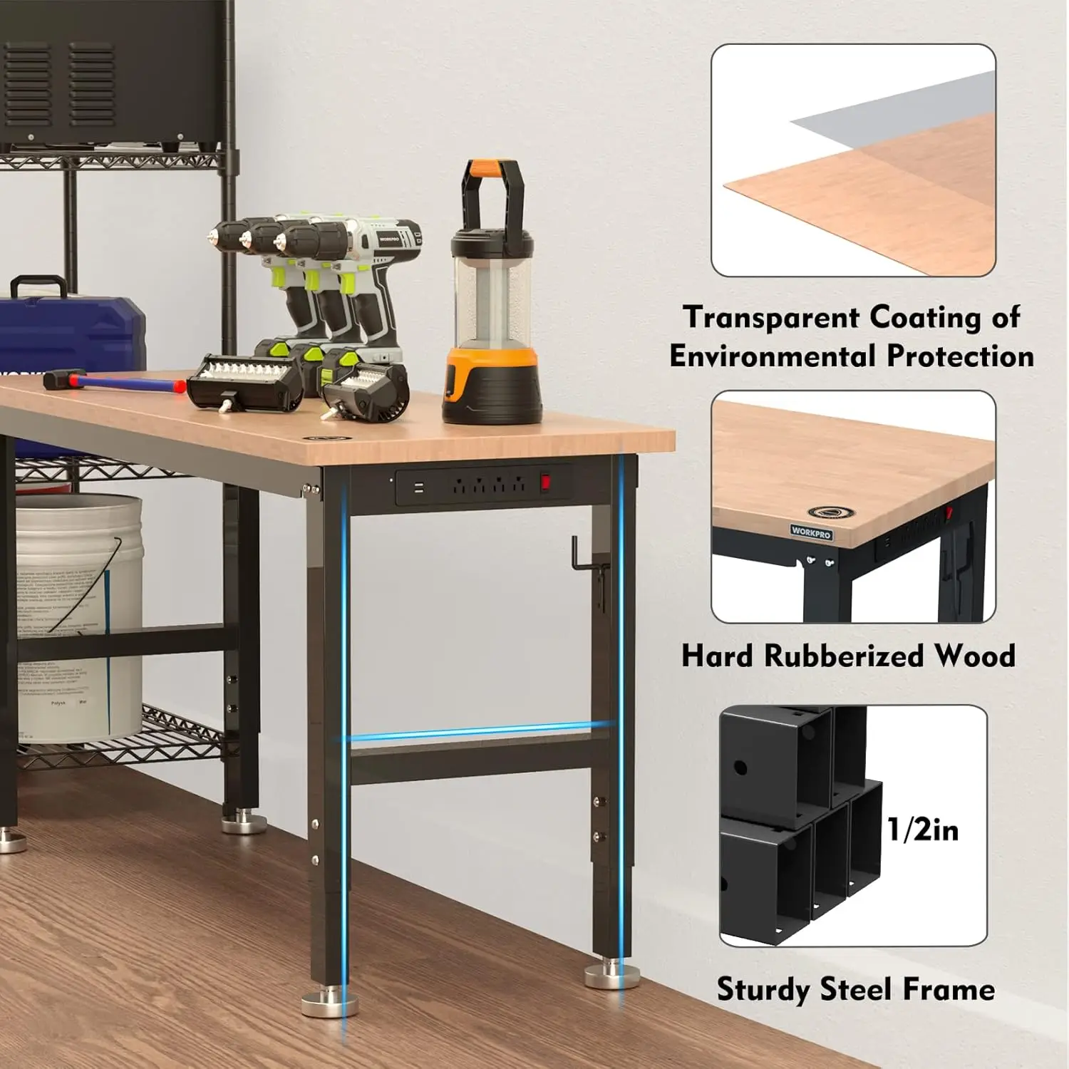 Établi réglable avec dessus en bois de caoutchouc, table de travail en bois dur, capacité de charge de 2000 lb, 60 po