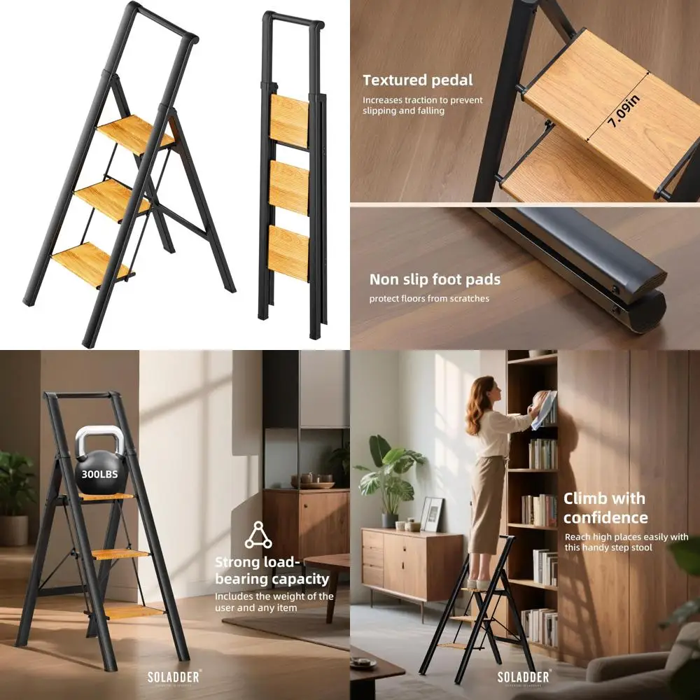 مقعد ألومنيوم خفيف الوزن قابل للطي مع درابزين للاستخدام في المطبخ والخزانة والمكتبة، يدعم 300 رطل #1