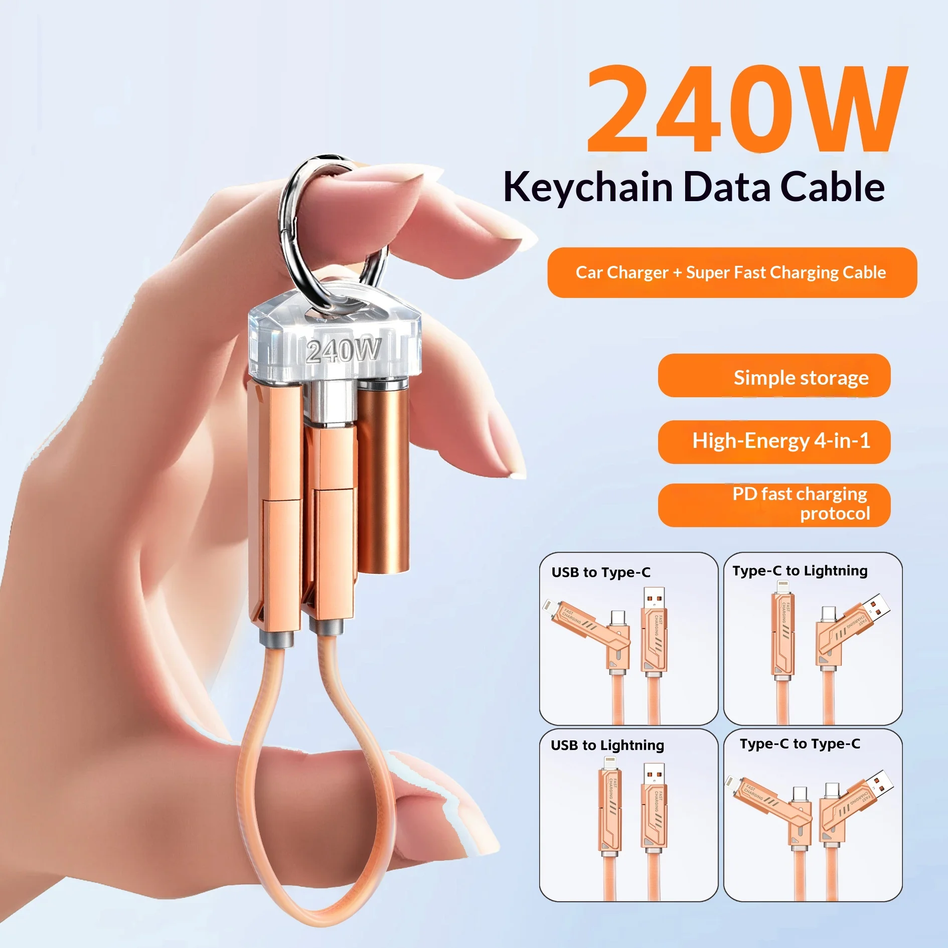 Multi-function 5-in-1 Keychain Charging Line 240W Super Fast Charger Cable Blow Induction Igniter Type-C Lightning Universal