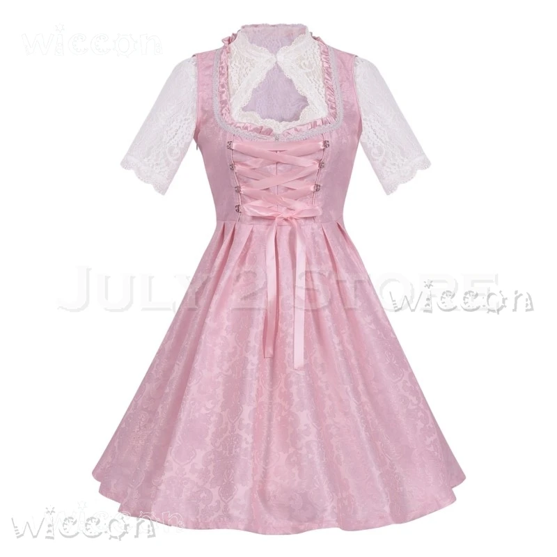 

Halloween 18-Styles Bavarians Outfits Munich Oktoberfest Dirndl Pink Plaid Maid Dress Mieder Vintage Denim Cosplay disfraz mujer