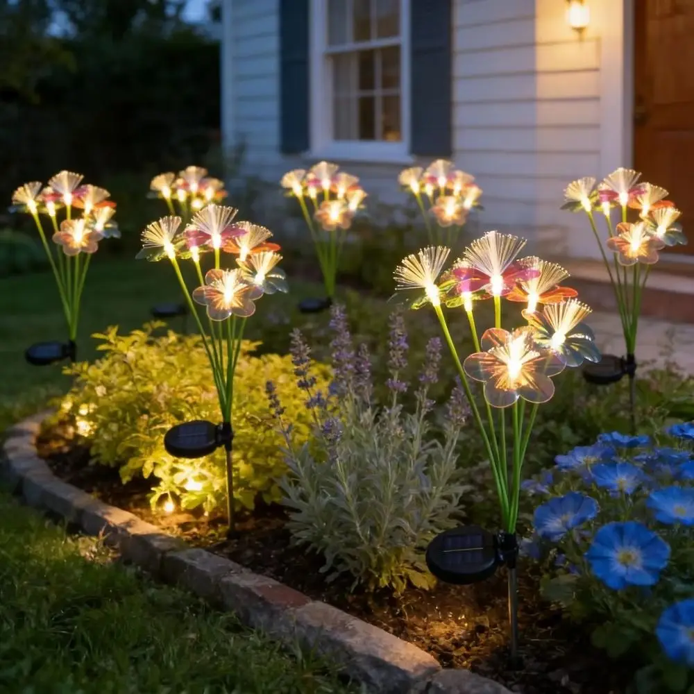 6/8 Head Solar Fiber Optic Flower Light Realistic Simulated Flower Outdoor Solar LED Light Solar Powered Automatic Light Sensor