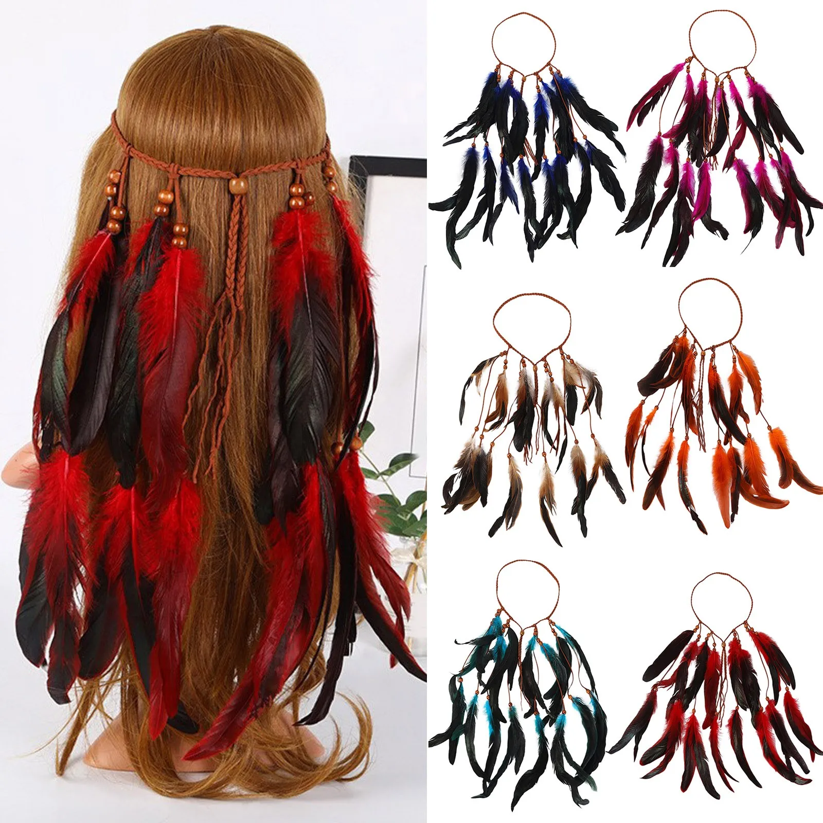 Bohemian Women Headband Vintage Hippie Feather Headdress Headpiece For Ladies Girls Indian Ethnic Headbands Hair Accessories