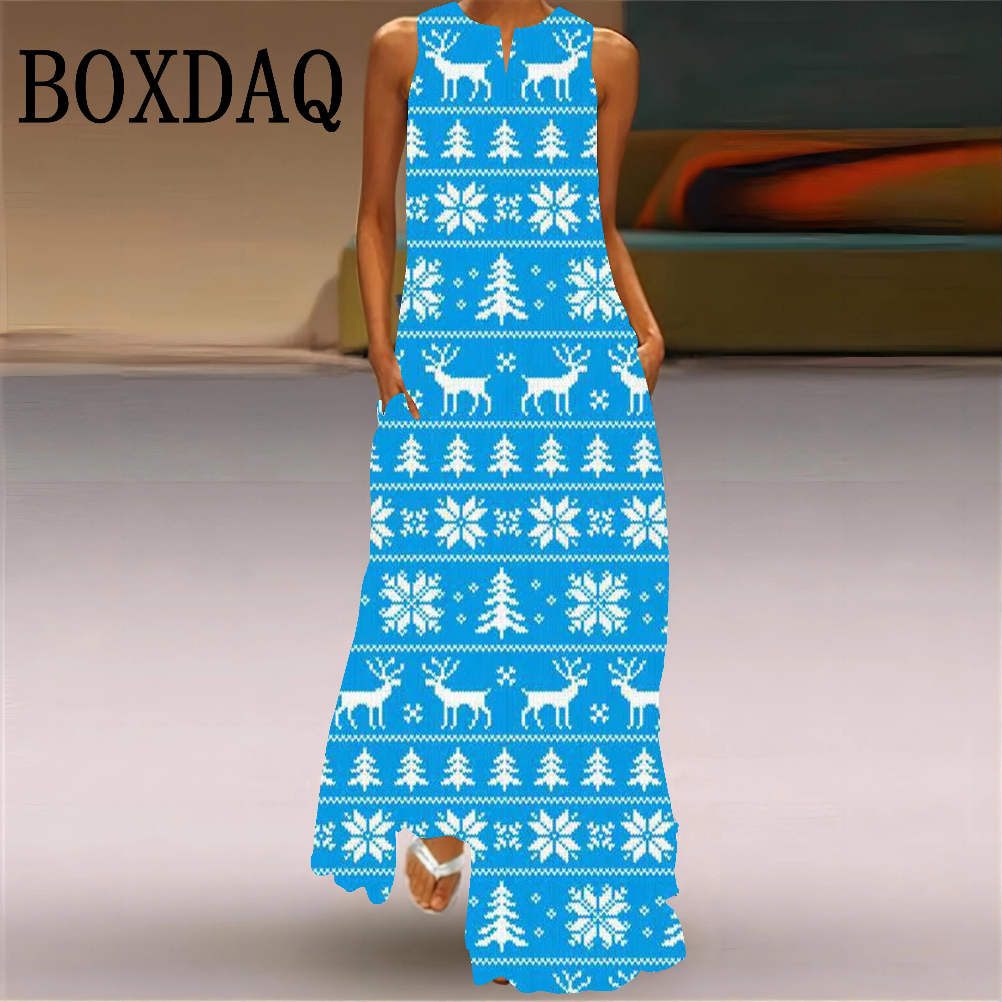 New Year Christmas Elk 3D Print Long Dresses For Women 2025 Winter Fashion Casual Vest X-Mas Snowflake Loose Pockets Maxi Dress
