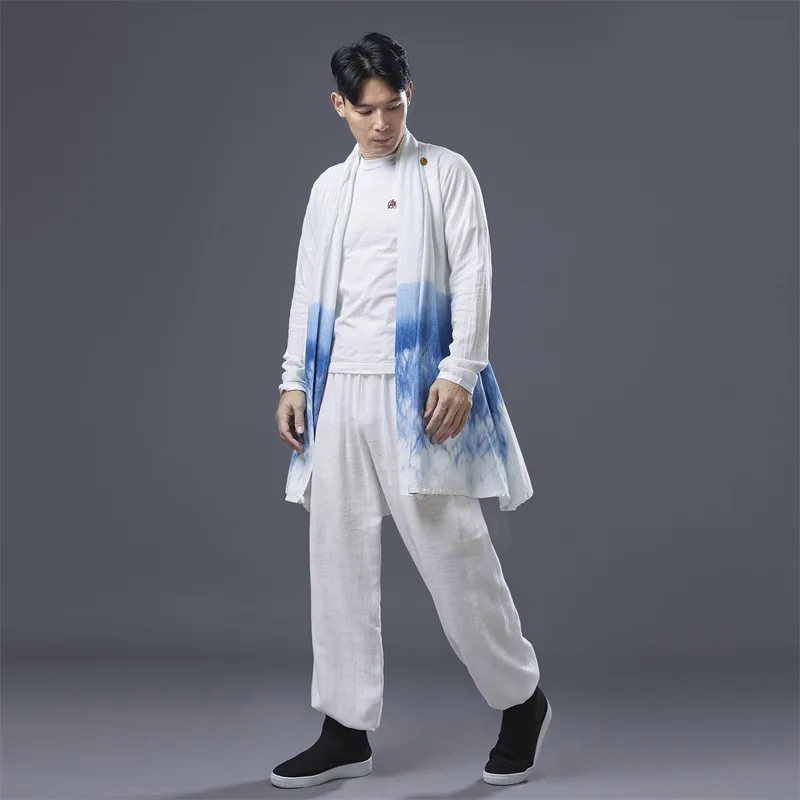 Cotton Linen Men Tai Chi Kungfu Martial Arts Shirts Han Chinese Clothing Cardigan Open Front Jacket Robe Casual Meditation Shirt