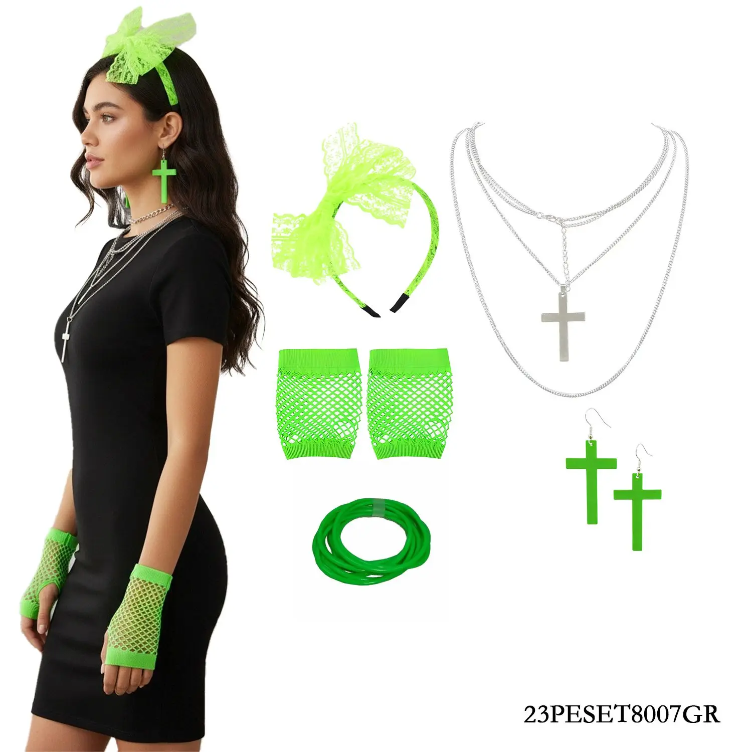 PESENAR personagem dos anos 80 vestir-se cabeça verde fluorescente fivela colar brincos pulseira luvas cinco peças