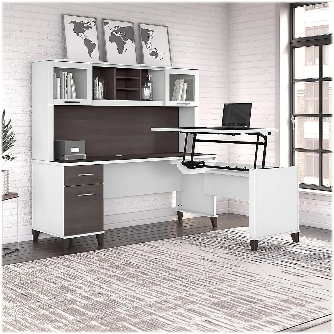 72W 3 Position Sit to Stand L Shaped Desk with Hutch in White and Storm Gray