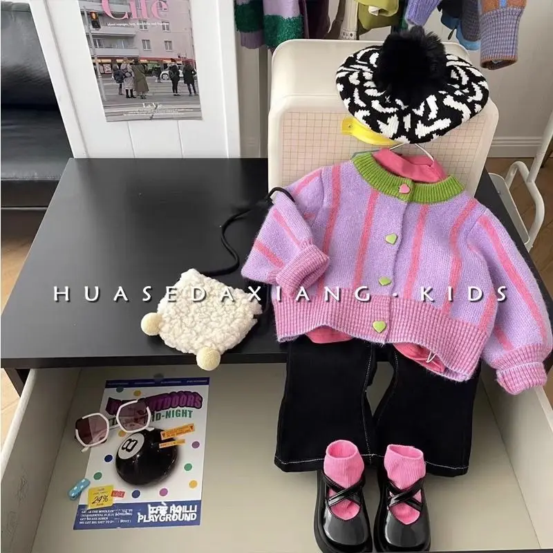

New Style Girls' Korean Style Long Sleeved Sweater, Korean Children's Clothing, Contrasting Stripes, Knitted Cardigan Trend
