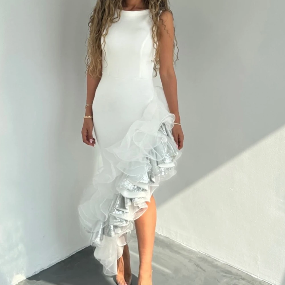 

Customized Modern Ankle Length Sequined Pleats Evening Dresses Fashion Mermaid Crew Neck Sleeveless White Prom Gowns فساتين سهرة