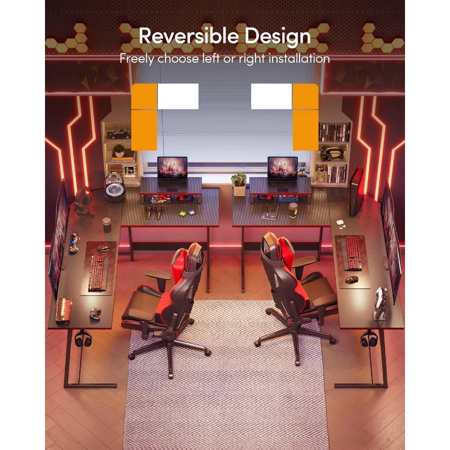 โต๊ะทำงานเล่นเกมรูปตัว L โต๊ะคอมพิวเตอร์สำนักงานพร้อมพื้นผิวคาร์บอนไฟเบอร์ โต๊ะเข้ามุมขนาด 47 นิ้วพร้อมขาตั้งจอขนาดใหญ่สำหรับโฮมออฟฟิศ