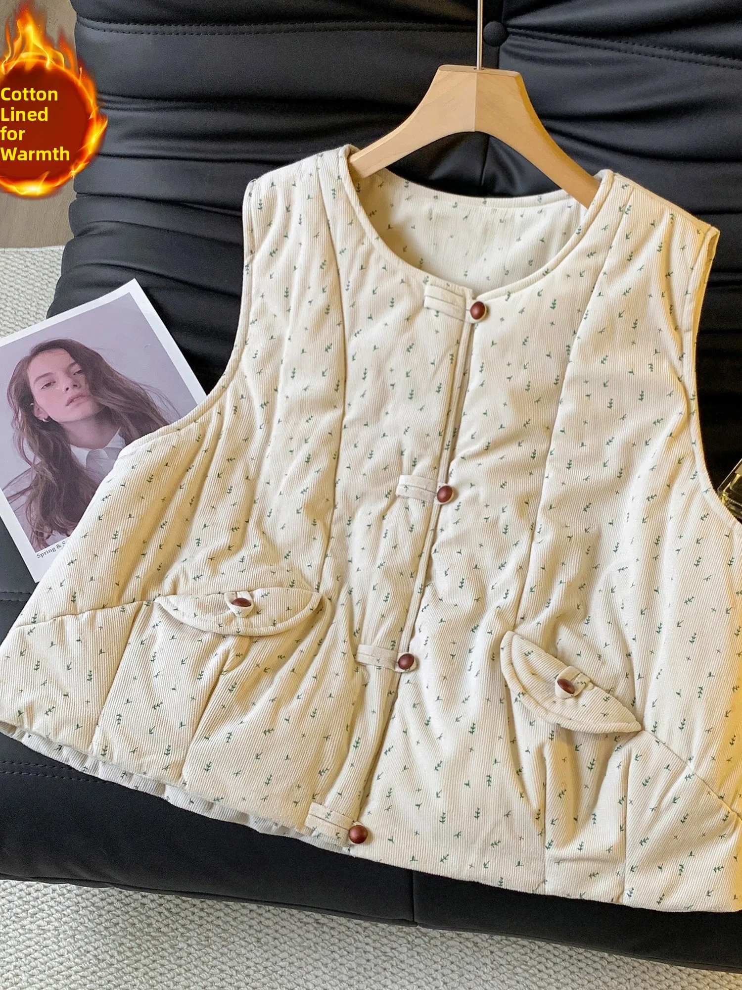 Retro Japanese Style Corduroy Floral Women's Vest Loose Fit round Neck Cotton Lined Jacket Casual Comfortable Home Wear