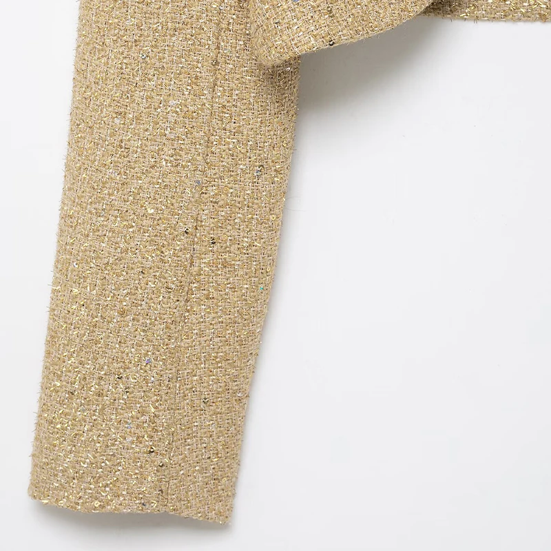 Willshela Moda donna con paillettes dorate con bottone singolo Giacche corte Vintage maniche lunghe O-Collo Abiti da donna chic femminili
