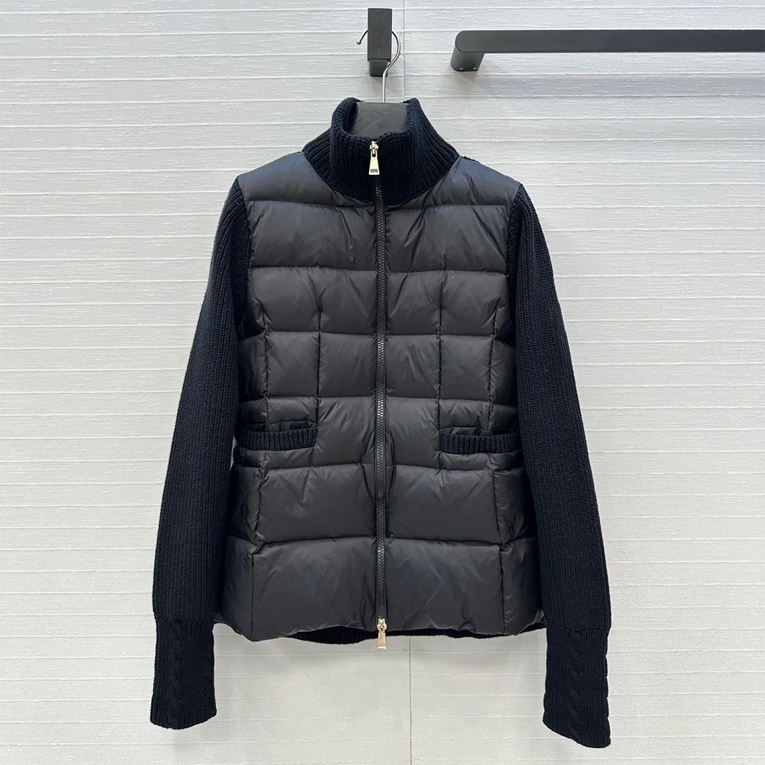 

2025 New Autumn Winter White Goose Down Coat Women Turtleneck Long Sleeve Knitted Patchwork Pockets Zipper Slim Casual Jacket