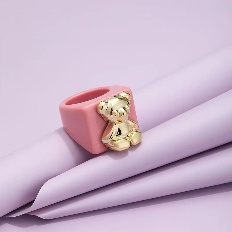 2024 New INS Cute Cartoon Resin Acrylic Bear Metal Rings For Women Girls Candy Color Aesthetic Square Rings Wholesale Jewelry