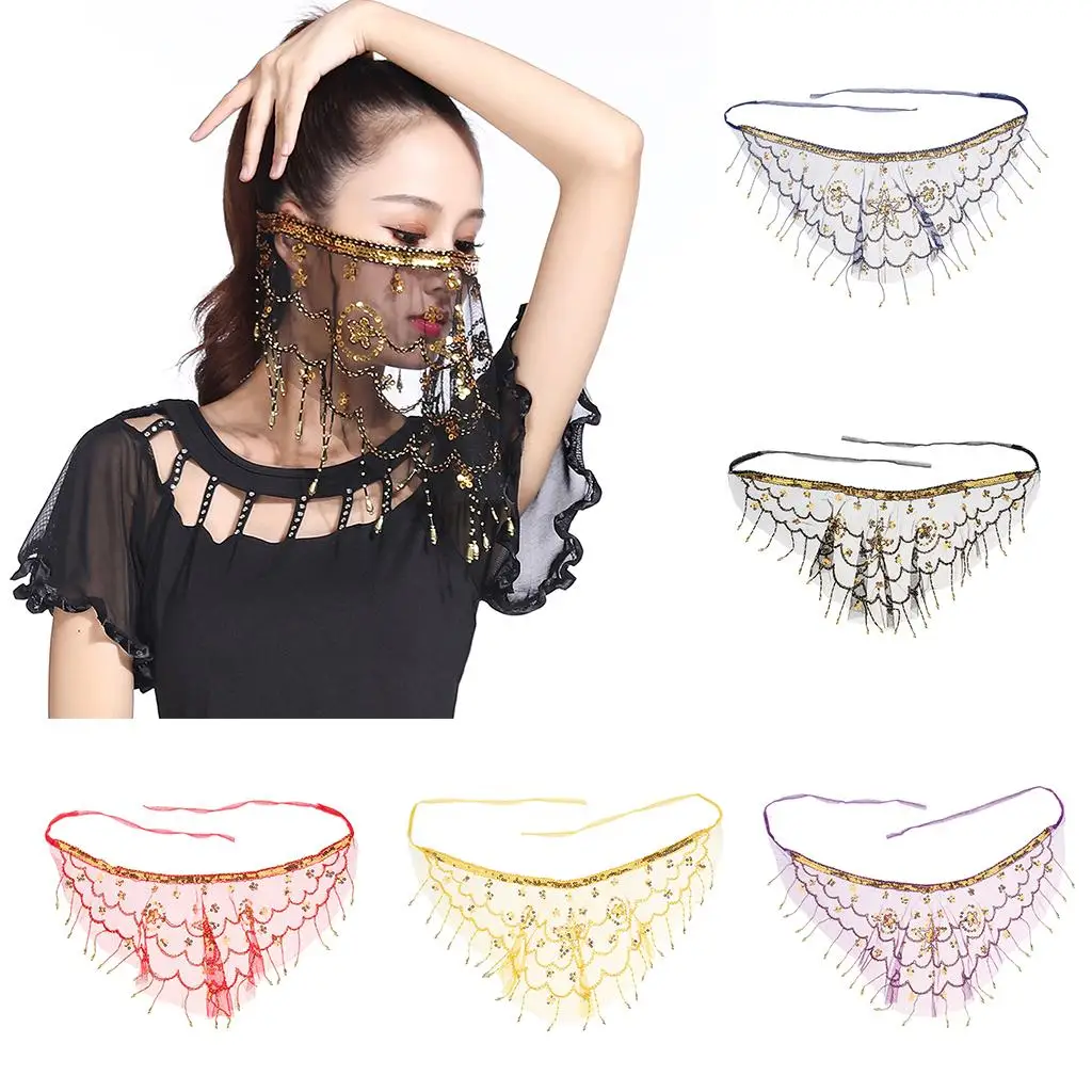 Sequins Belly Dance Face Veil Adjustable Chiffon Mask Performance Veil for Belly Dancing Stage Costume