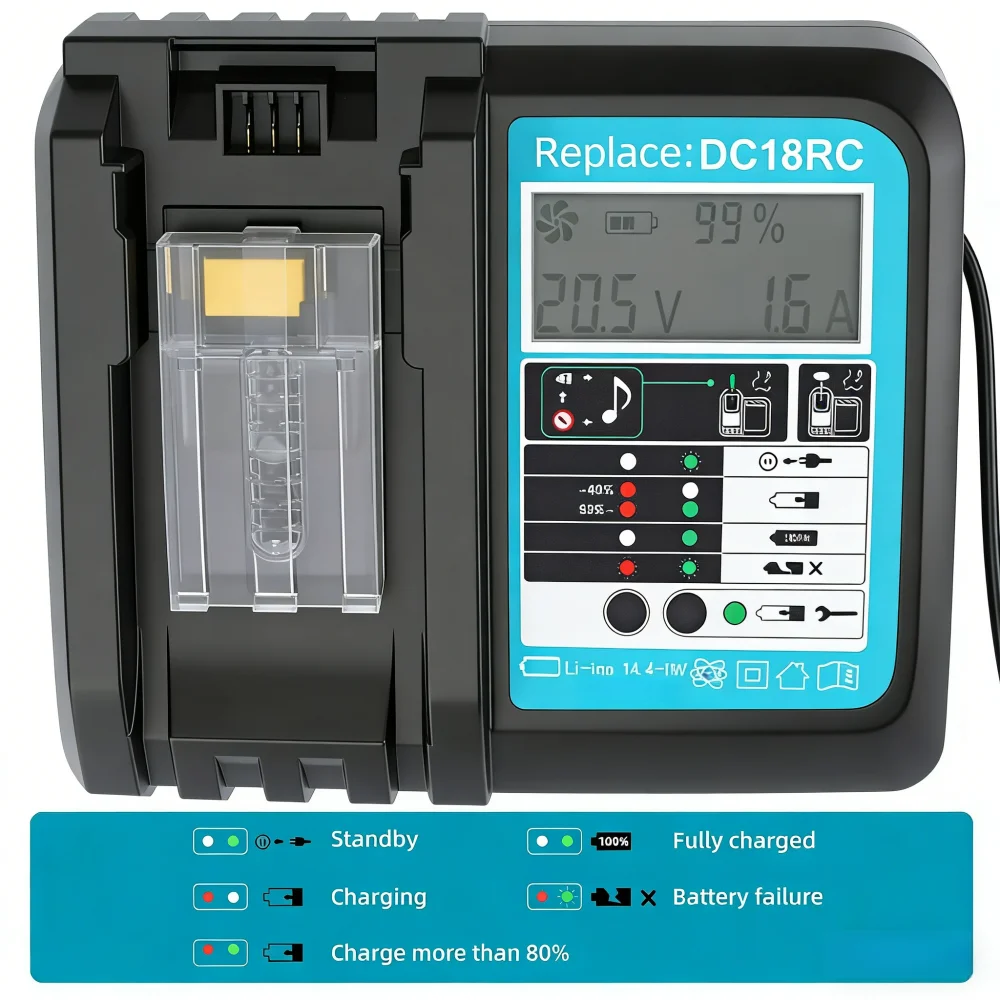 Aleaivy DC18RC 3A Schnellladegerät für 18V 14,4V Li-Ionen-Akku BL1860B BL1850B BL1840B BL1440B Elektrowerkzeug-Ersatzladegerät
