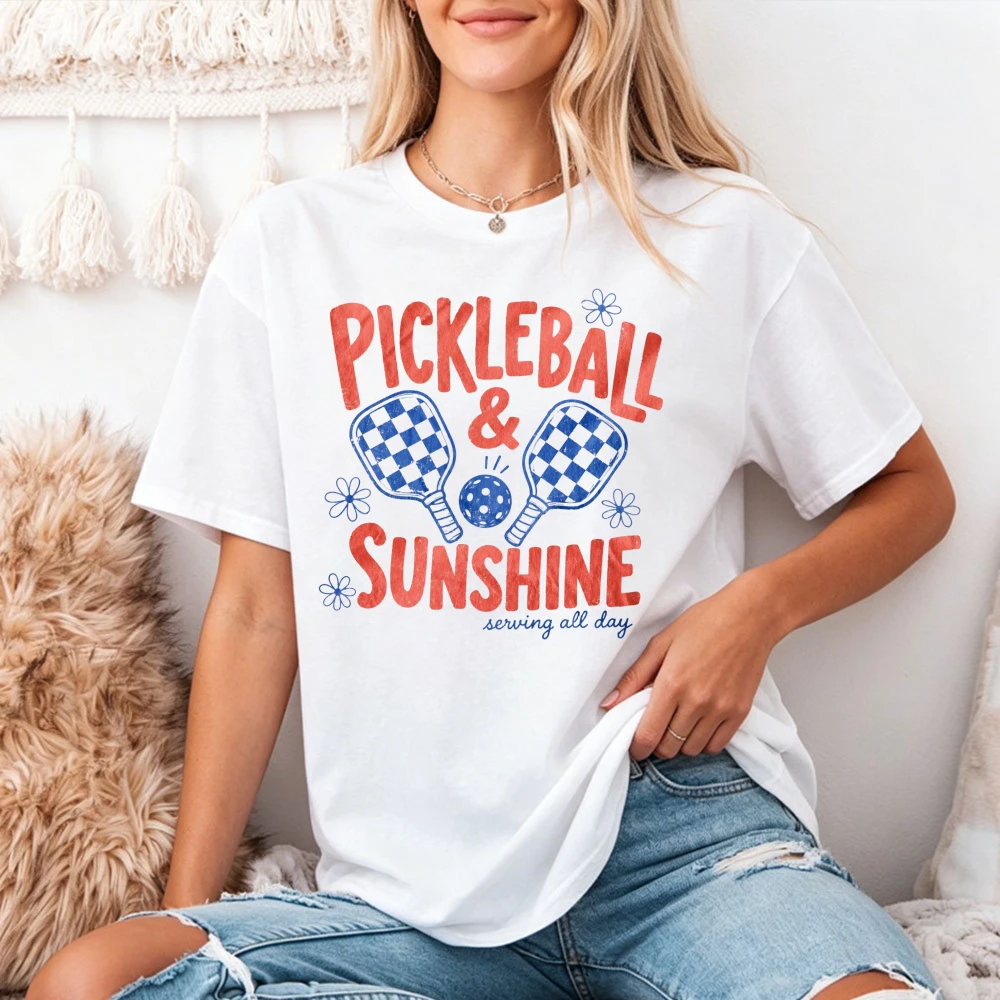 Pickleball And Sunshine Serving All Day Vintage Womens Cotton Tshirt Sport Floral Print Short Sleeve Game Day Apparel