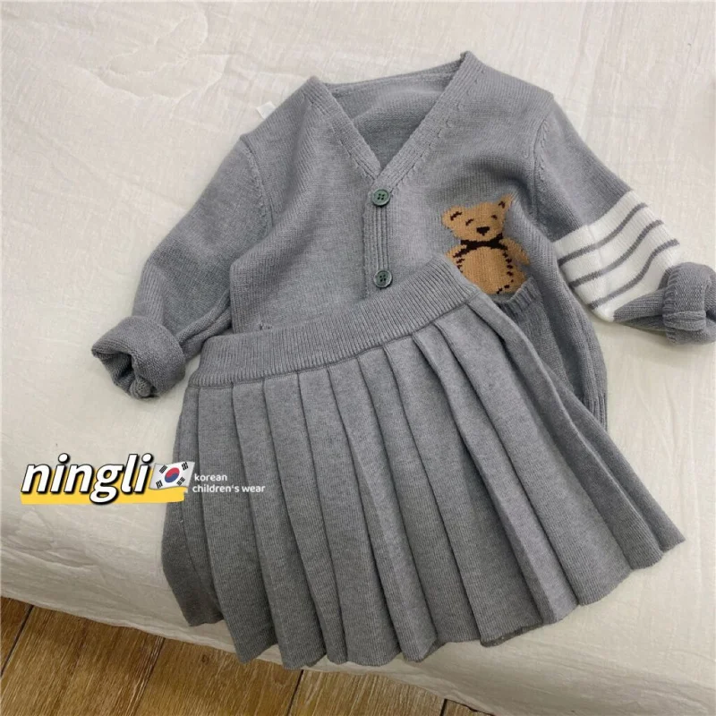 

Girls' Autumn and Winter Clothes Suit New Children's Preppy Style Sweater Cardigan Dress Western Style Baby Girl Two-Piece Suit