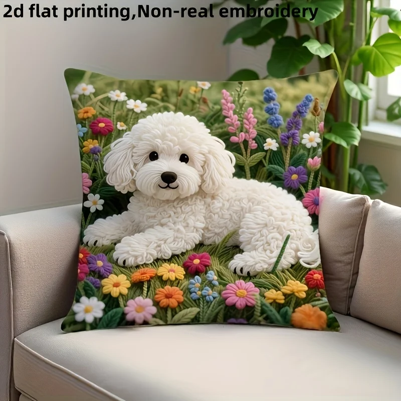 1pc Bichon Frise Flower Embroidered Style Themed Printed Throw Pillow Cover, Suitable for Sofa, Bedroom, Living Room