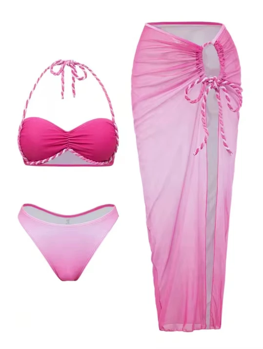 

Sexy Gradient Swimwear Women 2026 Pleate Push Up Drawstring Side Long Skirt 3 Piece Bikini Set Beach Bathing Suit Swimsuit