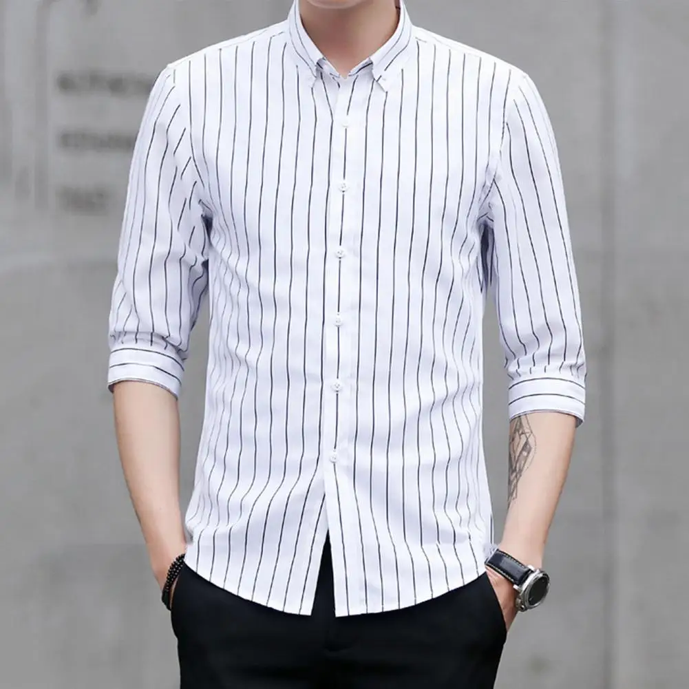 Casual Shirt  Popular Slim Fit Striped Print Casual Shirt Top  Fine Sewn Male Top