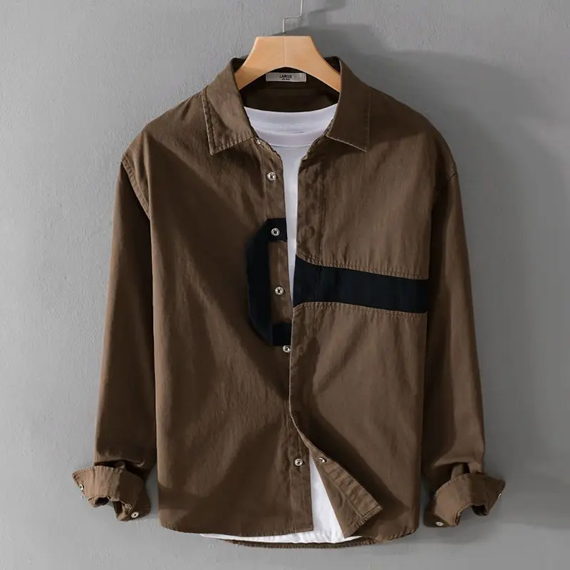 

Весенне-осенняя винтажная блузка с воротником-поло и длинными рукавами, мужская одежда, однобортные повседневные свободные простые рубашки Y2K JJ790